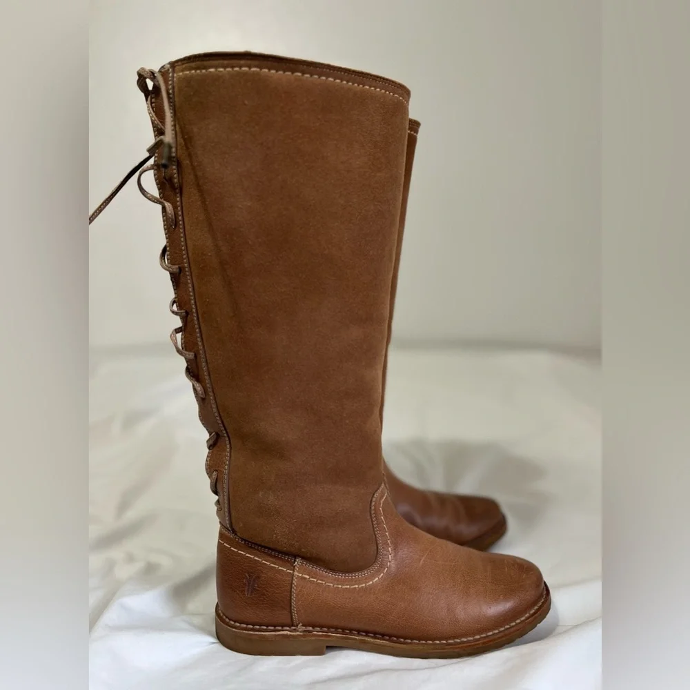 Frye Riding Cozy Tall leather Shearling lined Equestrian Boots Lace Up Back - Picture 5 of 13